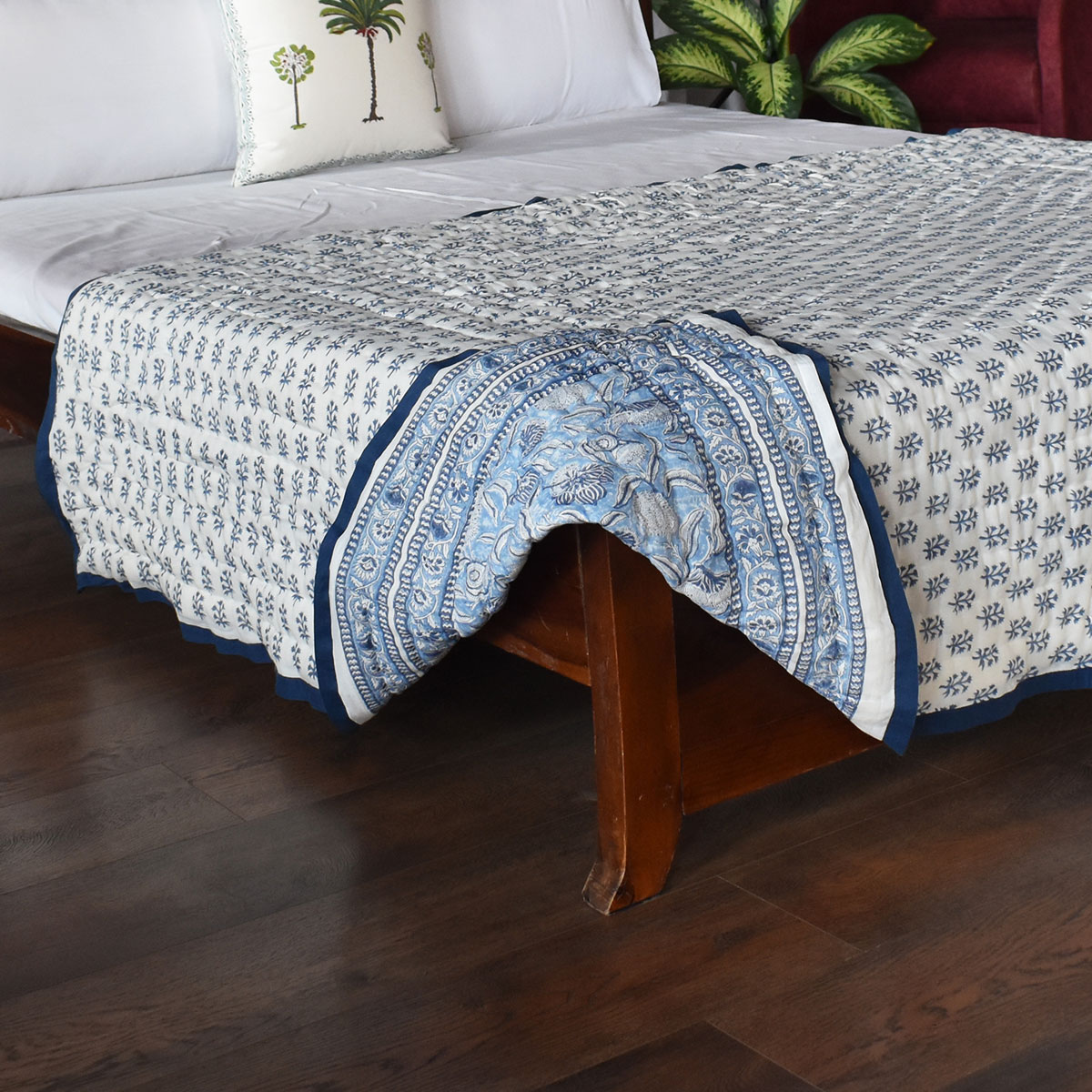 Hand Block Printed Cotton Twin Size Quilt Meadow Song Blue 202513