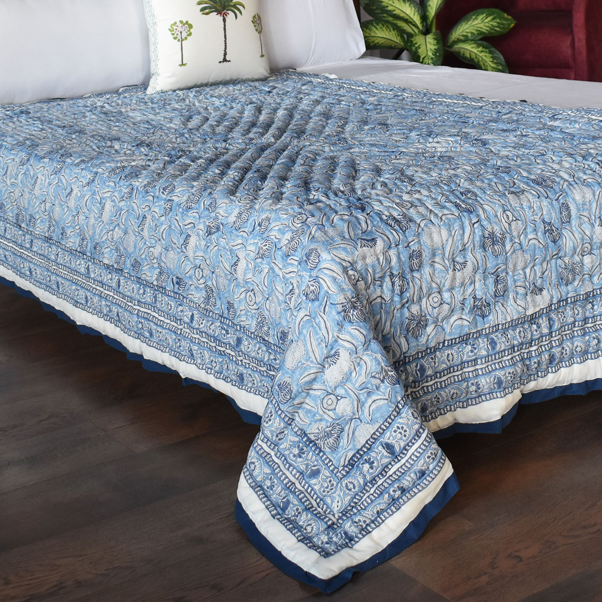 Hand Block Printed Cotton Twin Size Quilt Meadow Song Blue 202513