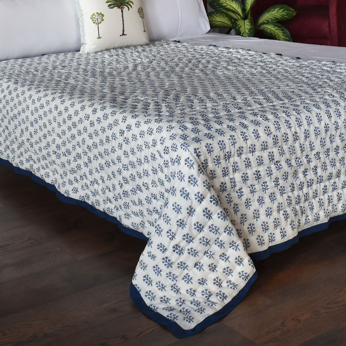 Hand Block Printed Cotton Twin Size Quilt Meadow Song Blue 202513