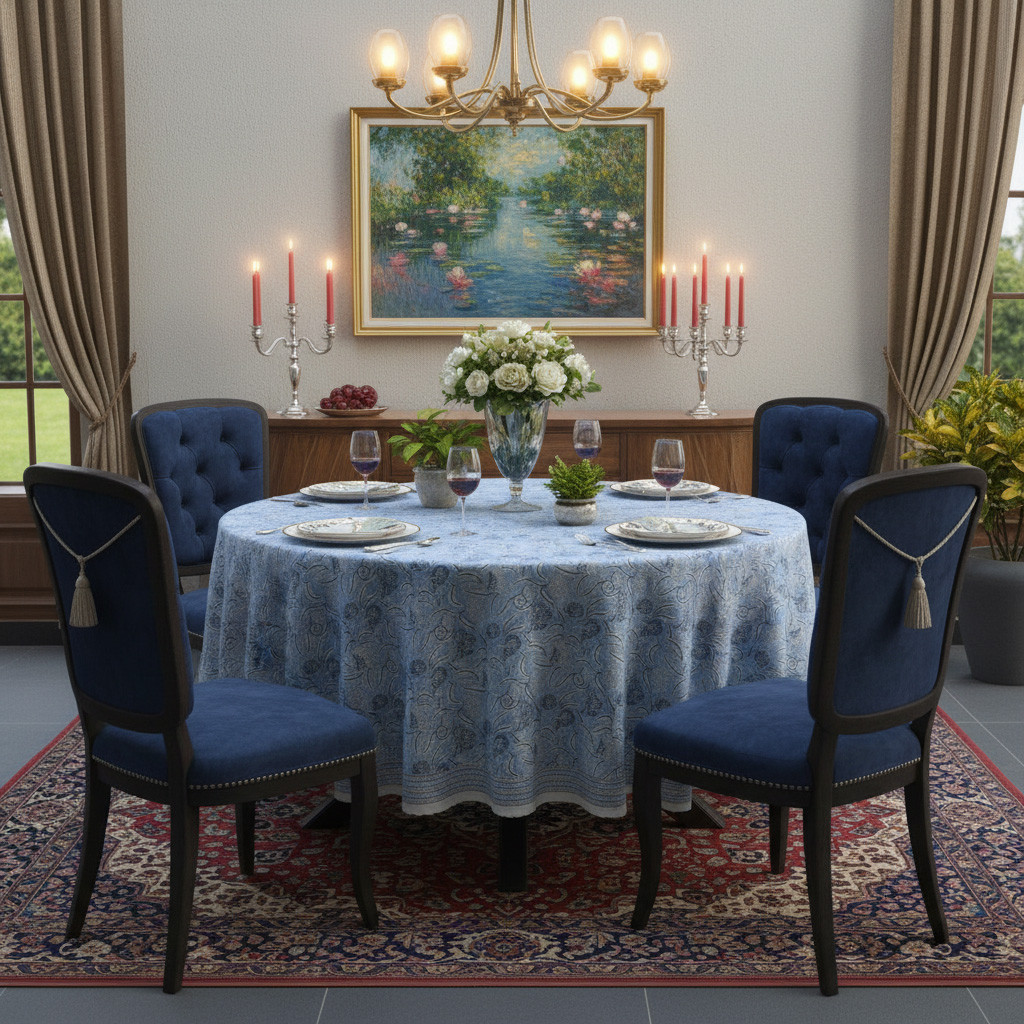 Round 220 cms Cotton French Design Table Cover  Meadow Song Blue 202513