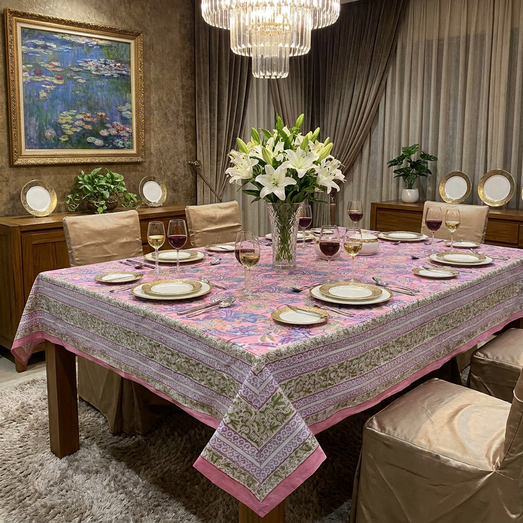 Hand Block Printed Cotton Tablecloth 150x220 cm Misty Pink Gud 103650