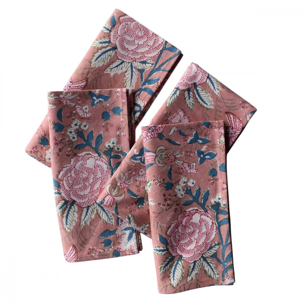 Image of Hand Block Printed Cotton Napkin 45x45 cm (Set of 4 Napkins) | Misty Rose Gud 103481