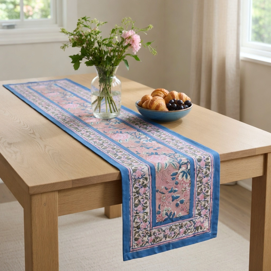 Hand Block Printed Cotton Canvas Table Runner 33x120 cms Misty Rose Gud 202873