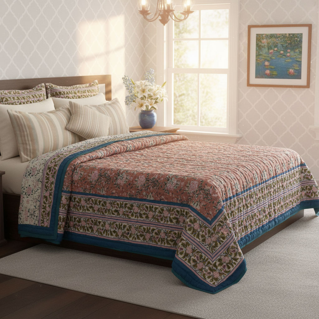 Hand Block Printed Cotton Queen Size Quilt  Misty Rose Gud 202873