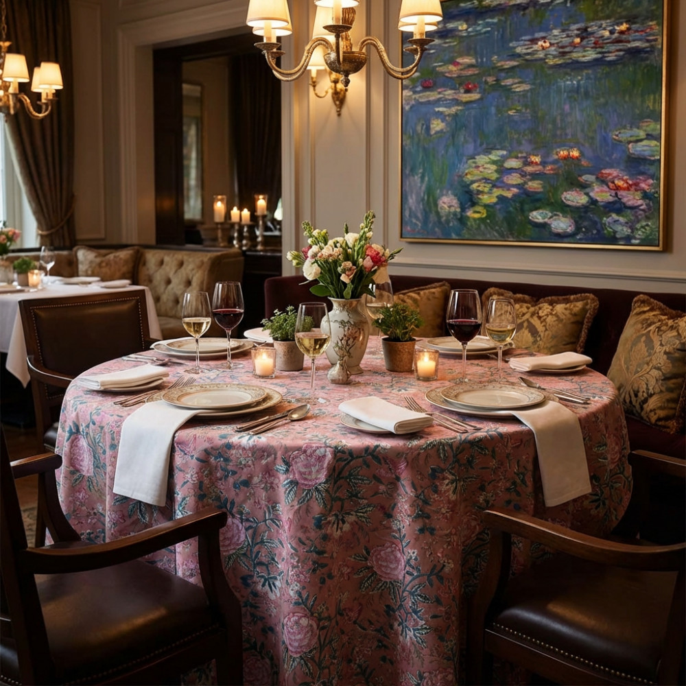 Image of Hand Block Printed Cotton Round Tablecloth 220 cm | Misty Rose Gud 202873