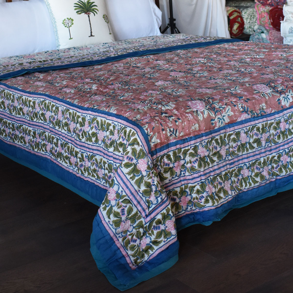Hand Block Printed Cotton King Size Quilt Misty Rose Gud 202873