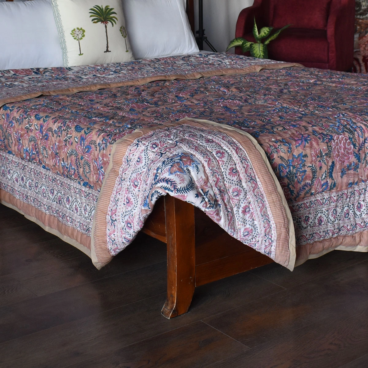 Hand Block Printed Cotton Queen Size Quilt Bela Maroon 303588