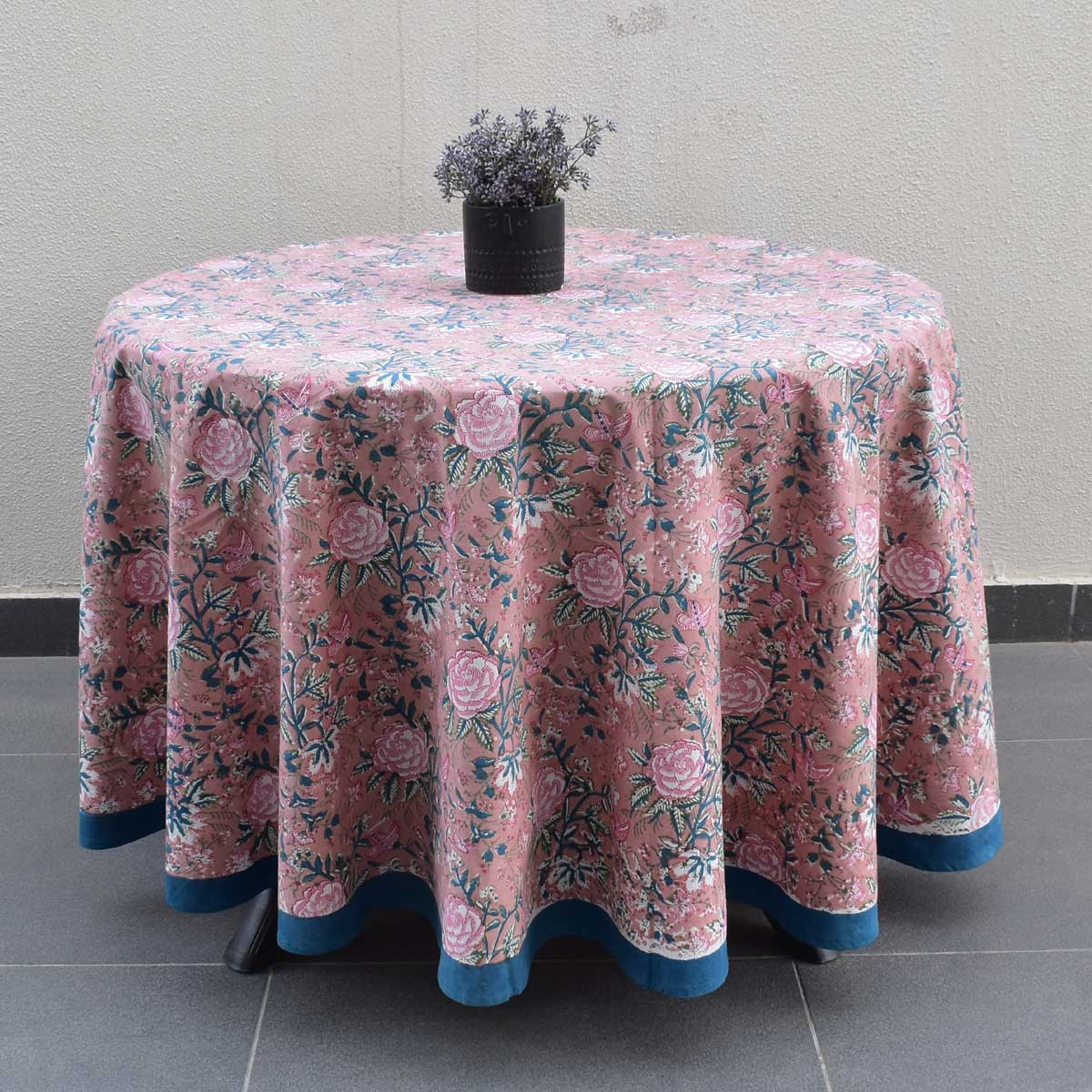 Hand Block Printed Cotton Round Tablecloth 220 cm Misty Rose Gud 202873