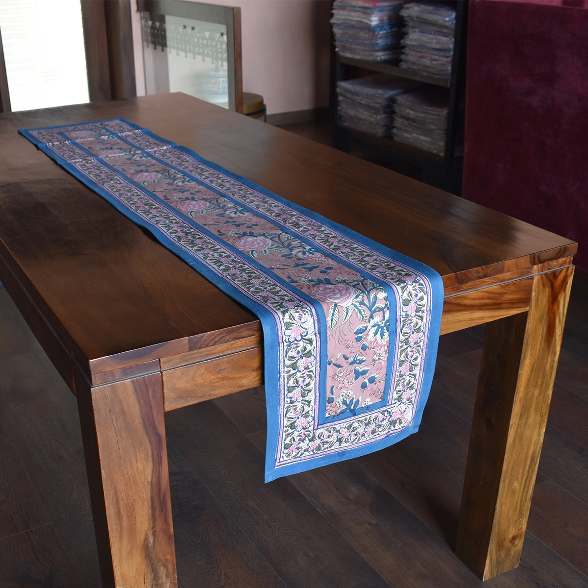 Hand Block Printed Cotton Canvas Table Runner 33x170 cms Misty Rose Gud 202873