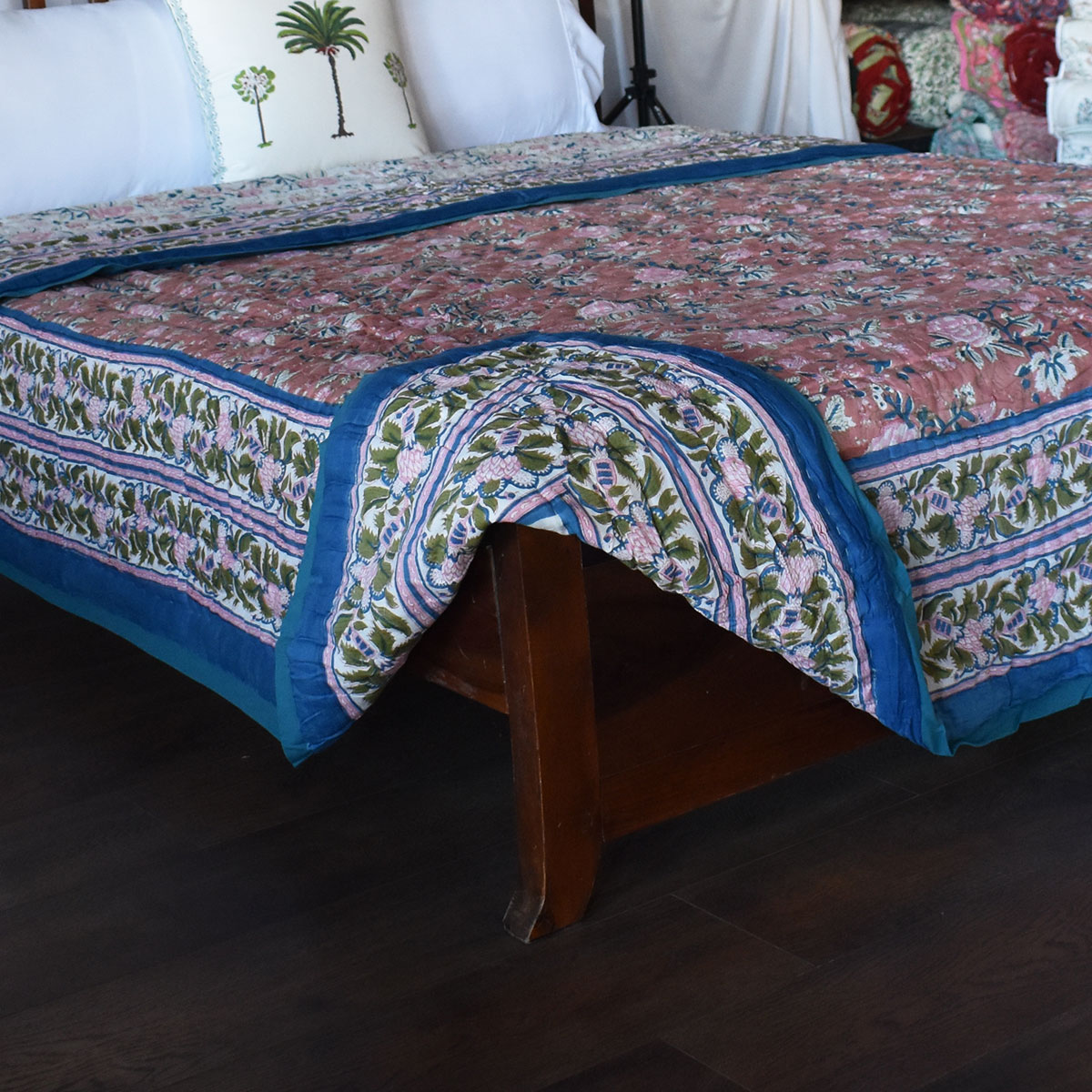 Hand Block Printed Cotton Queen Size Quilt Misty Rose Gud 202873