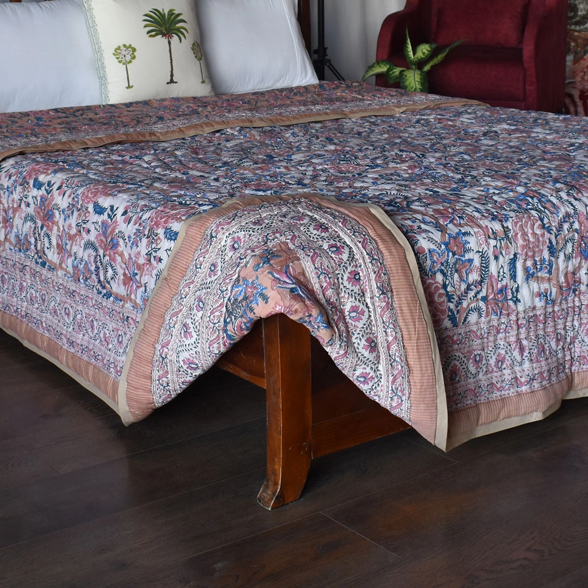 Hand Block Printed Cotton Queen Size Quilt Bela Maroon 303588