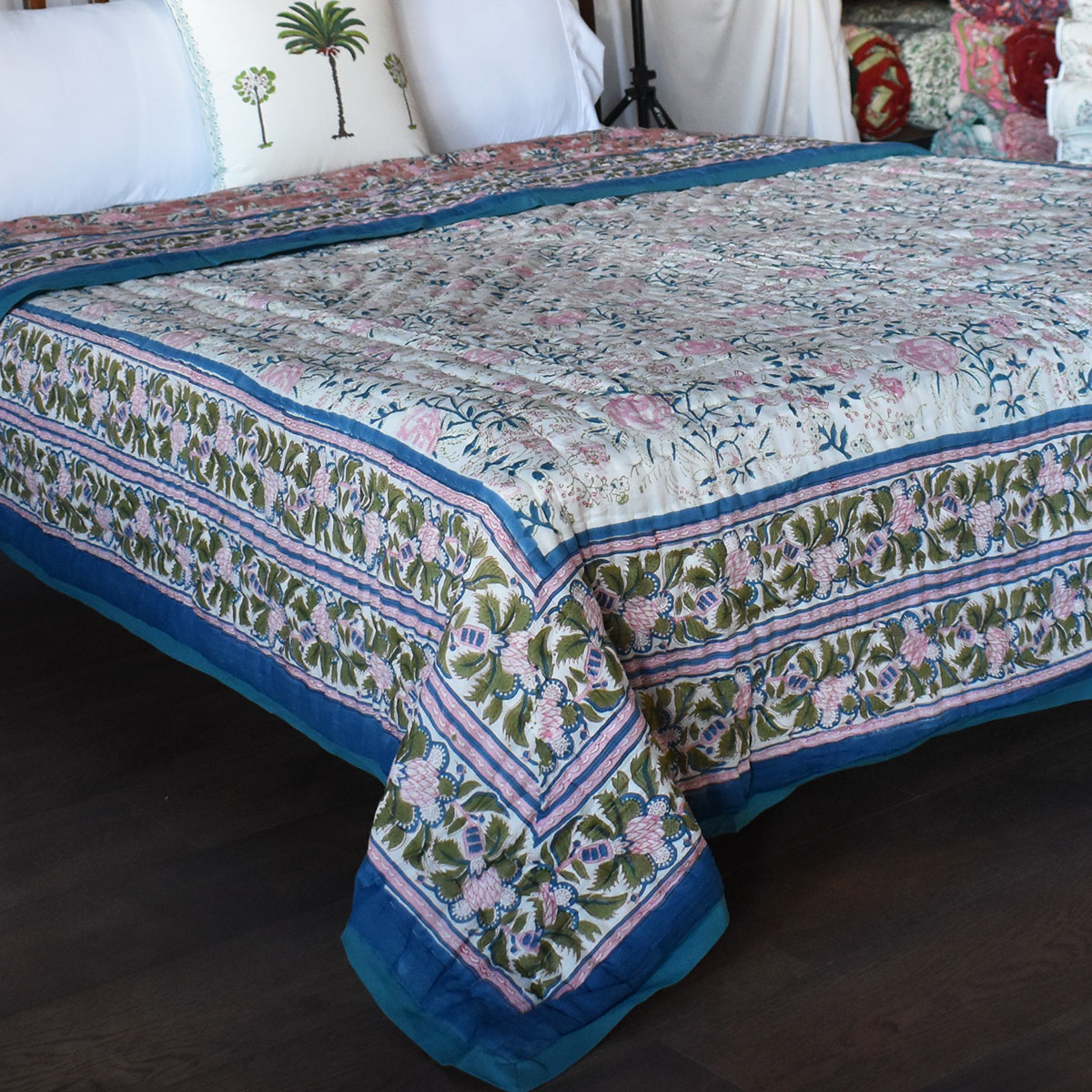 Hand Block Printed Cotton Queen Size Quilt Misty Rose Gud 202873
