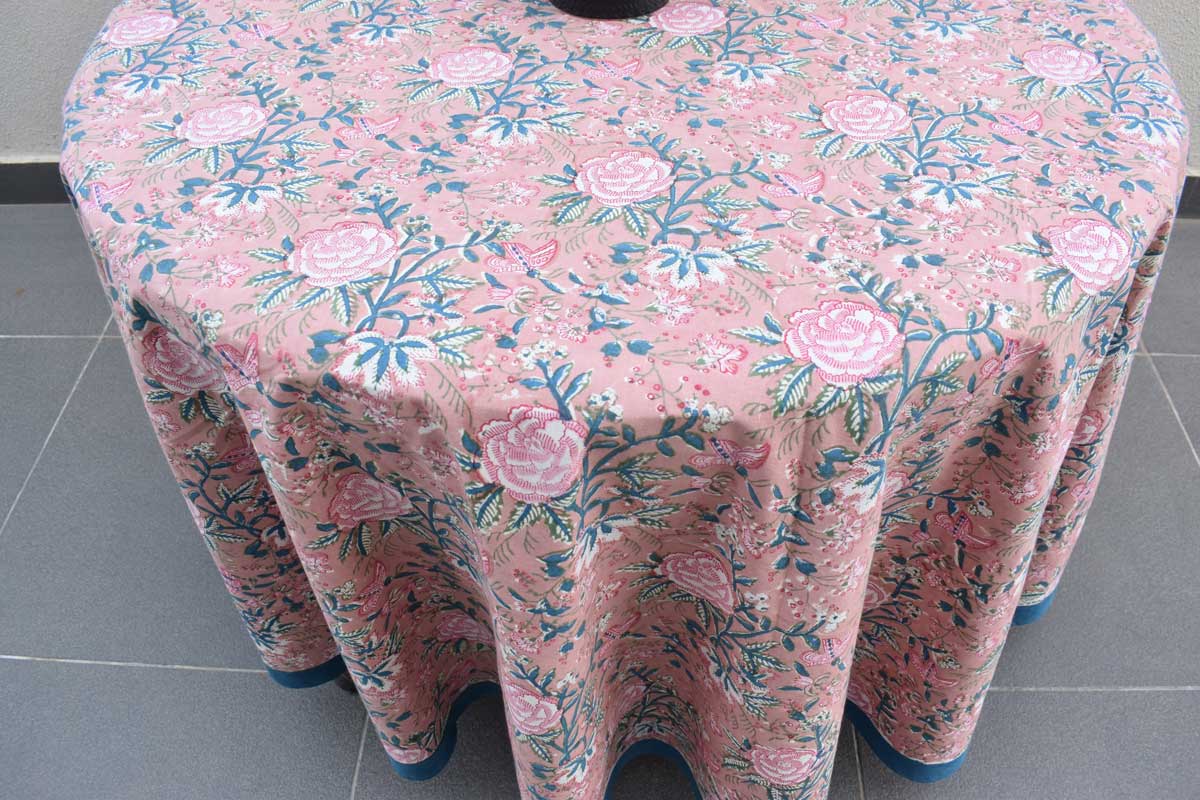 Hand Block Printed Cotton Round Tablecloth 220 cm Misty Rose Gud 202873