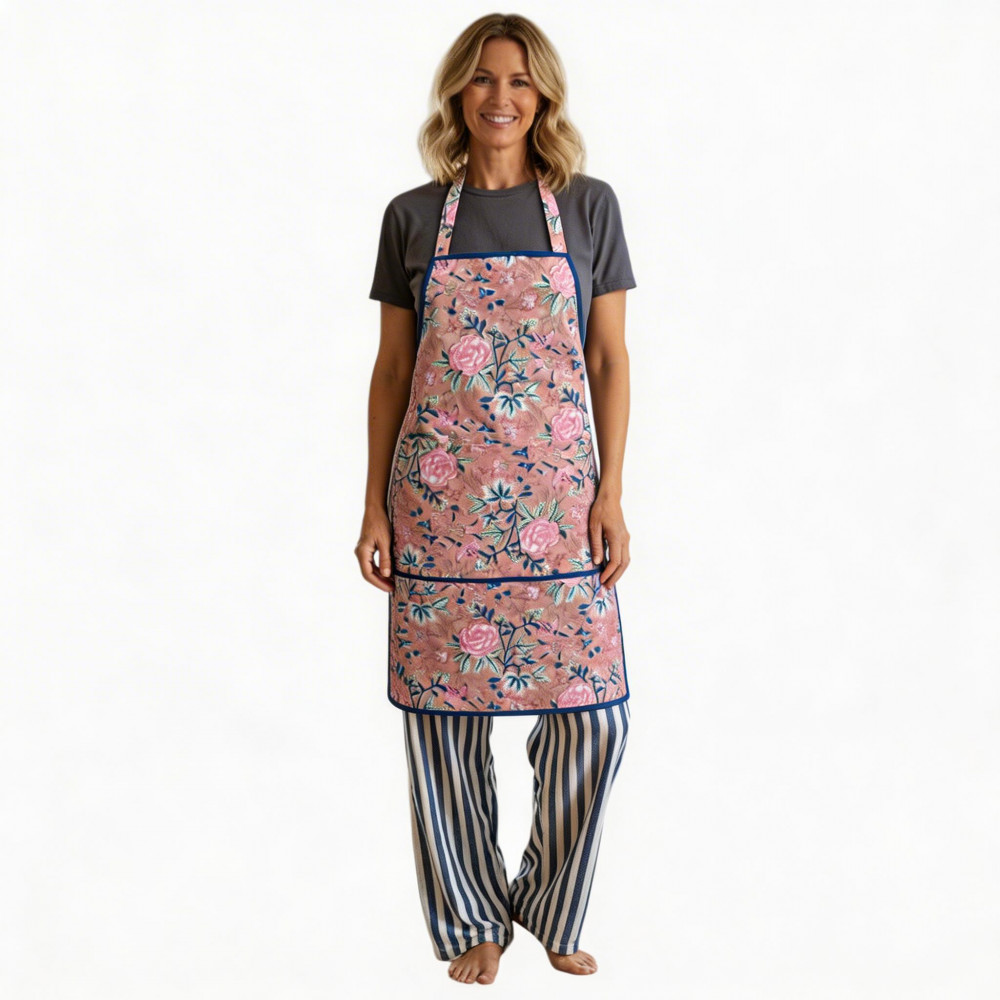 Image of Indian Block-Printed 100% Cotton Apron | Misty Rose Gud 202873