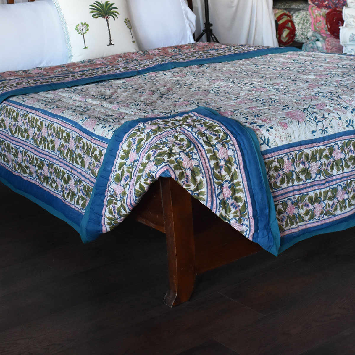 Hand Block Printed Cotton Queen Size Quilt Misty Rose Gud 202873