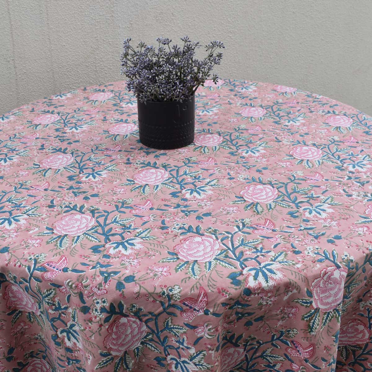Hand Block Printed Cotton Round Tablecloth 150 cm Misty Rose Gud 202873