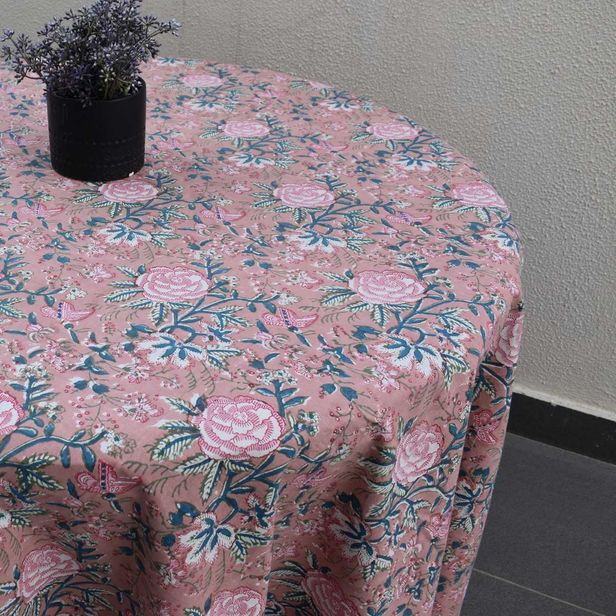 Hand Block Printed Cotton Round Tablecloth 220 cm Misty Rose Gud 202873