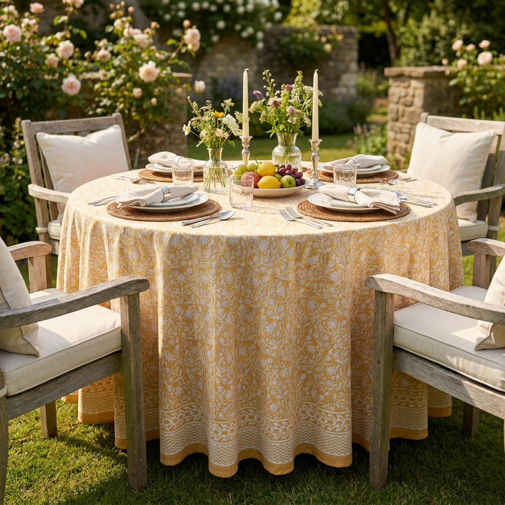 Round 220 cms Cotton French Design Table Cover  Mogra Beige 271026