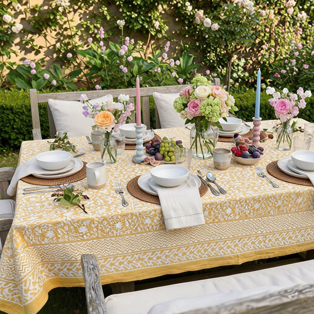 Hand Block Printed Cotton Tablecloth 150x220 cms Mogra Beige 271026