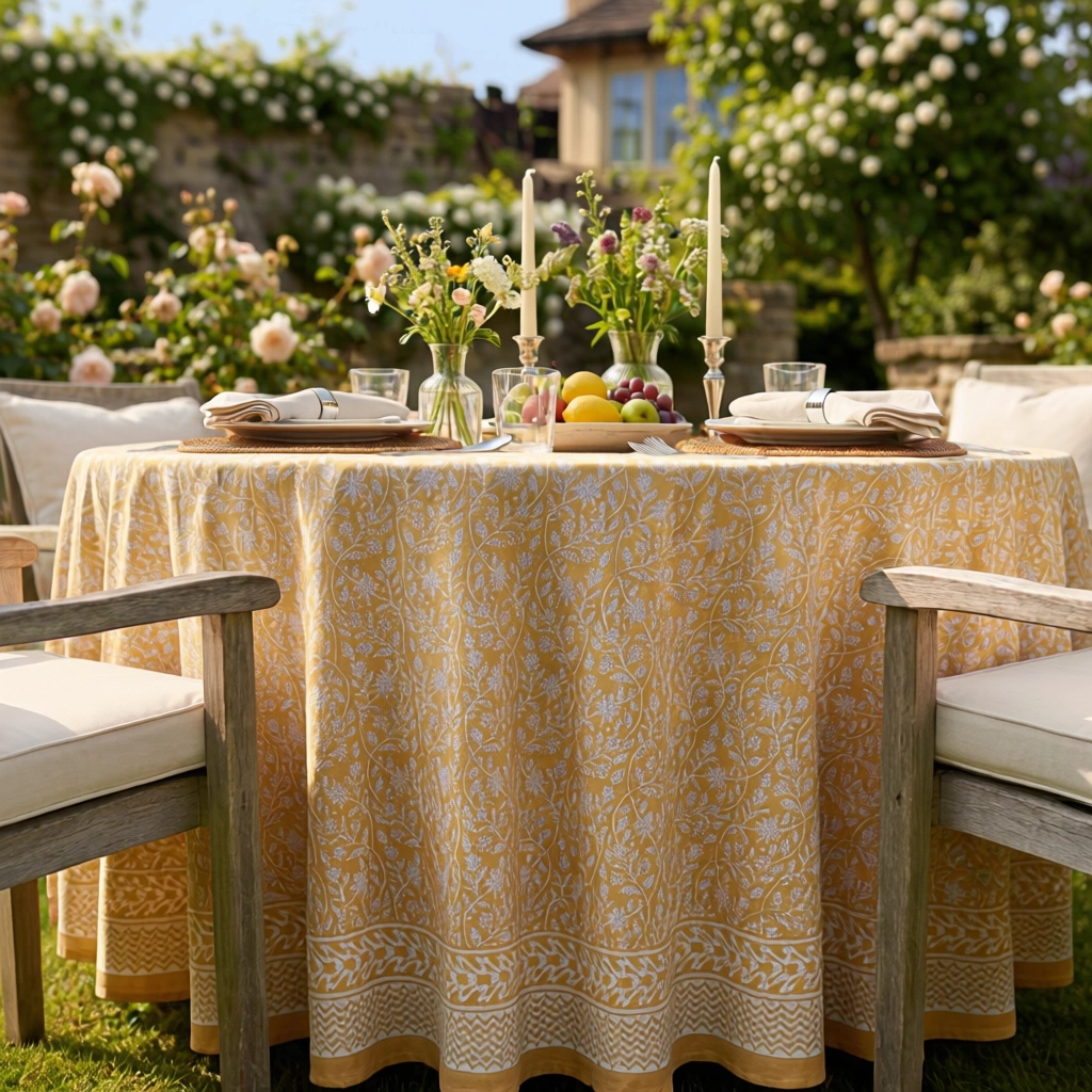 Round 220 cms Cotton French Design Table Cover Mogra Beige 271026