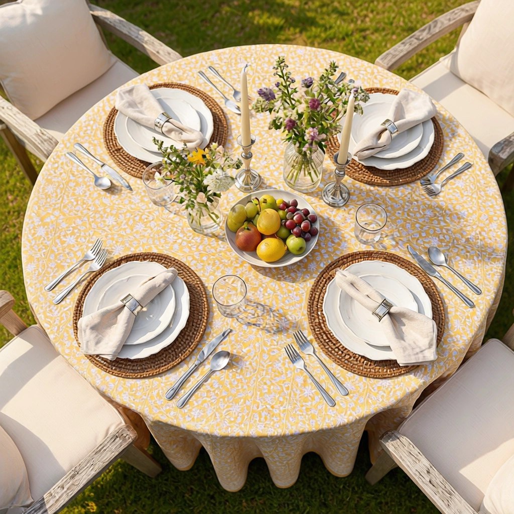 Round 220 cms Cotton French Design Table Cover  Mogra Beige 271026