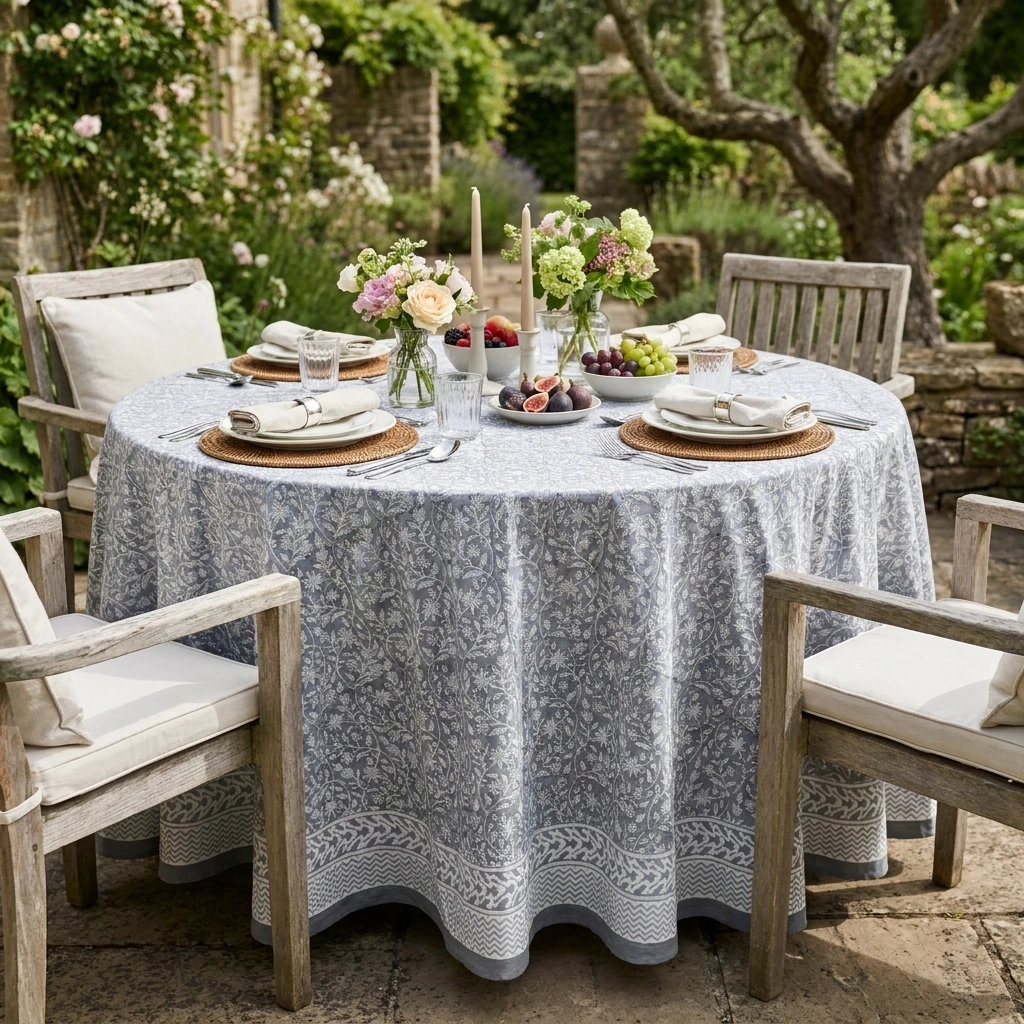 Round 220 cms Cotton French Design Table Cover Mogra Grey 271025