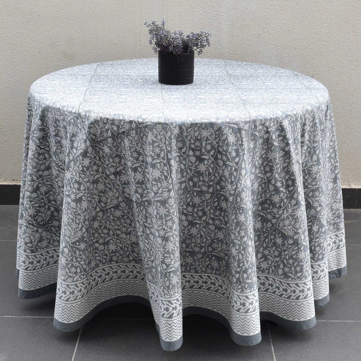 Round 220 cms Cotton French Design Table Cover Mogra Grey 271025