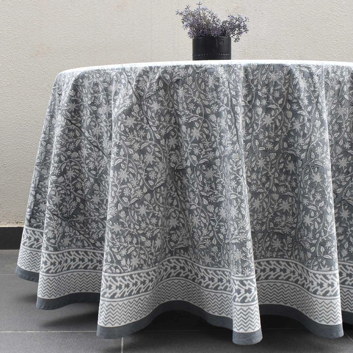 Round 220 cms Cotton French Design Table Cover Mogra Grey 271025