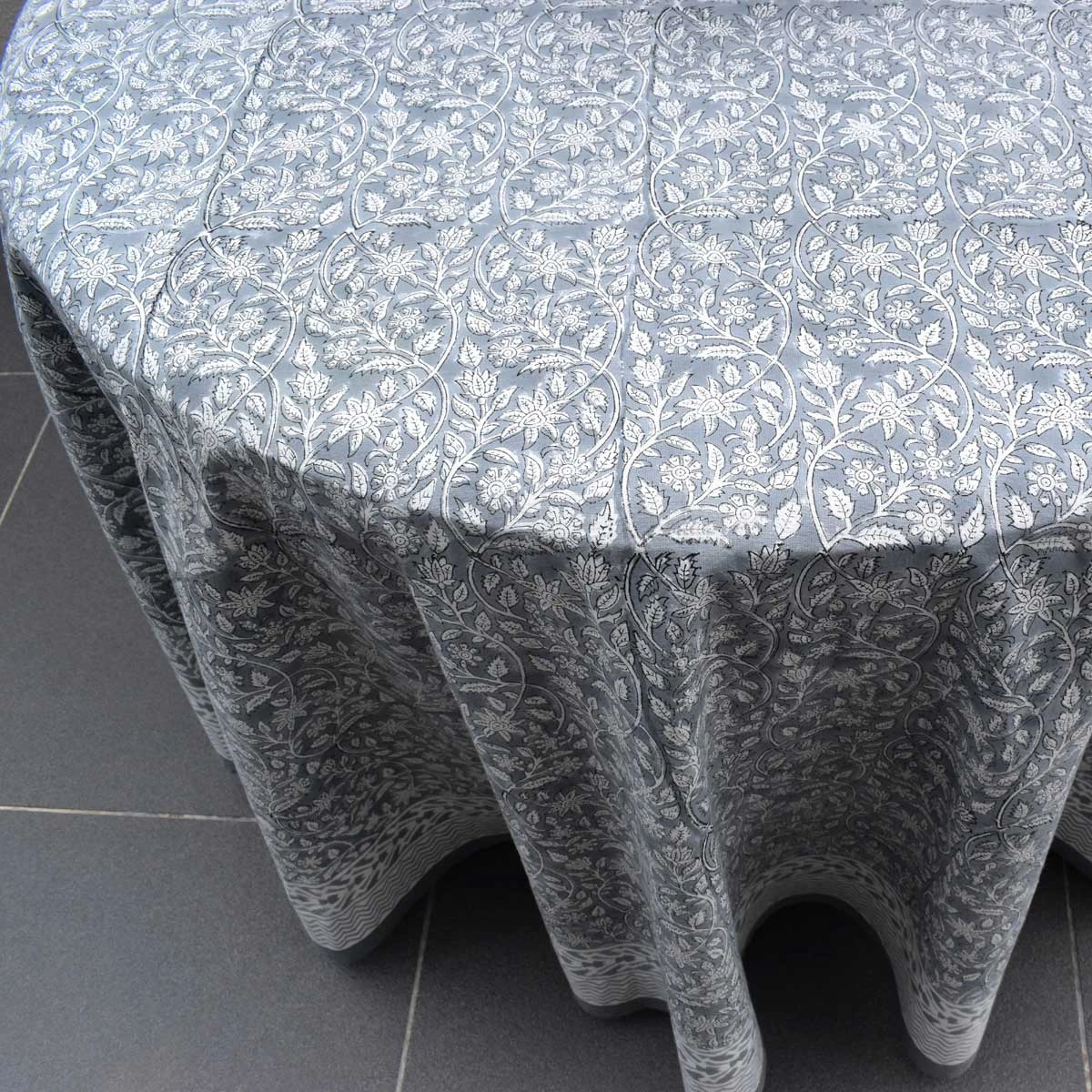 Round 220 cms Cotton French Design Table Cover Mogra Grey 271025