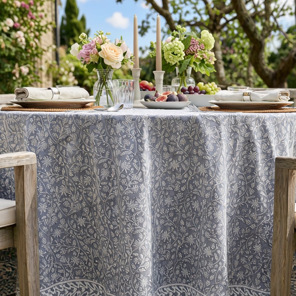 Round 220 cms Cotton French Design Table Cover  Mogra Grey 271025