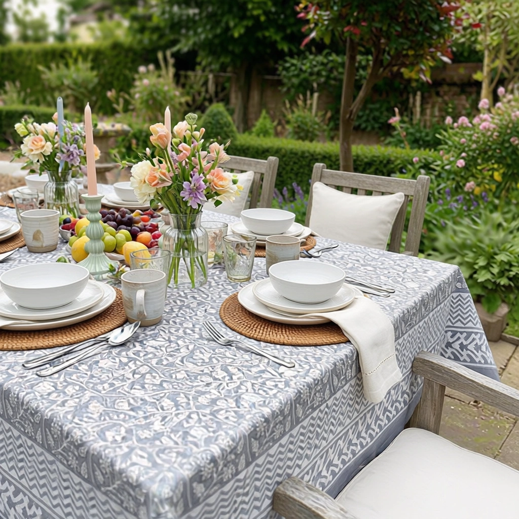 Hand Block Printed Cotton Tablecloth 150x220 cms Mogra Grey 271025