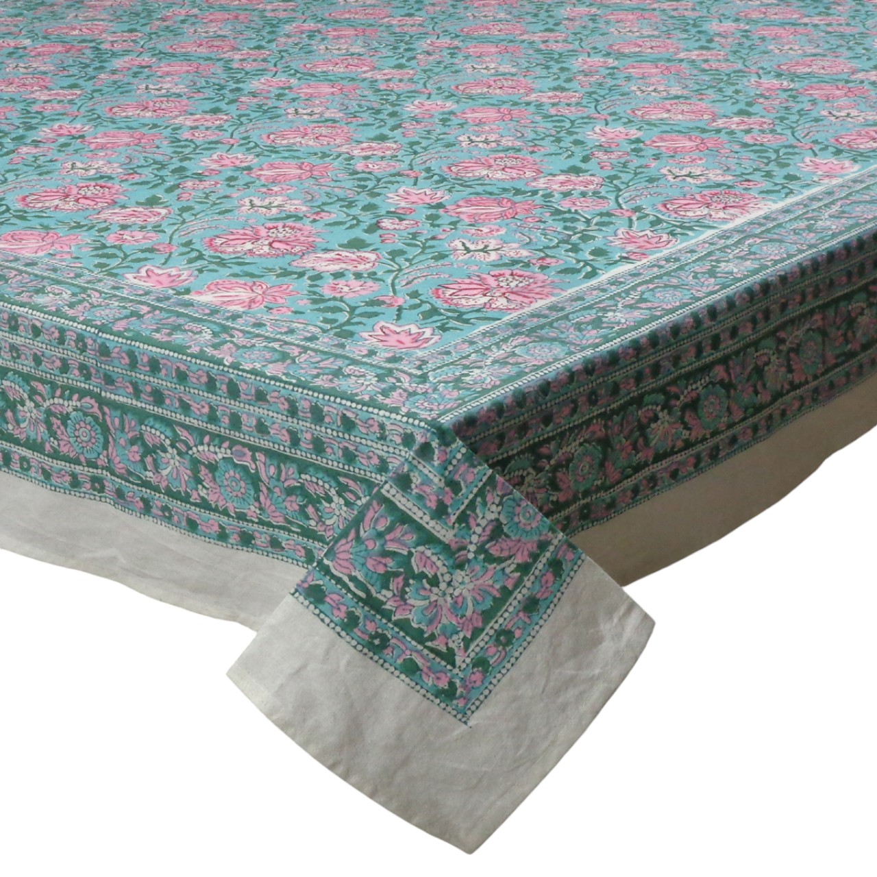 Hand Block Printed Cotton Tablecloth 220 x 220 cms Mohini Green Gud 620605