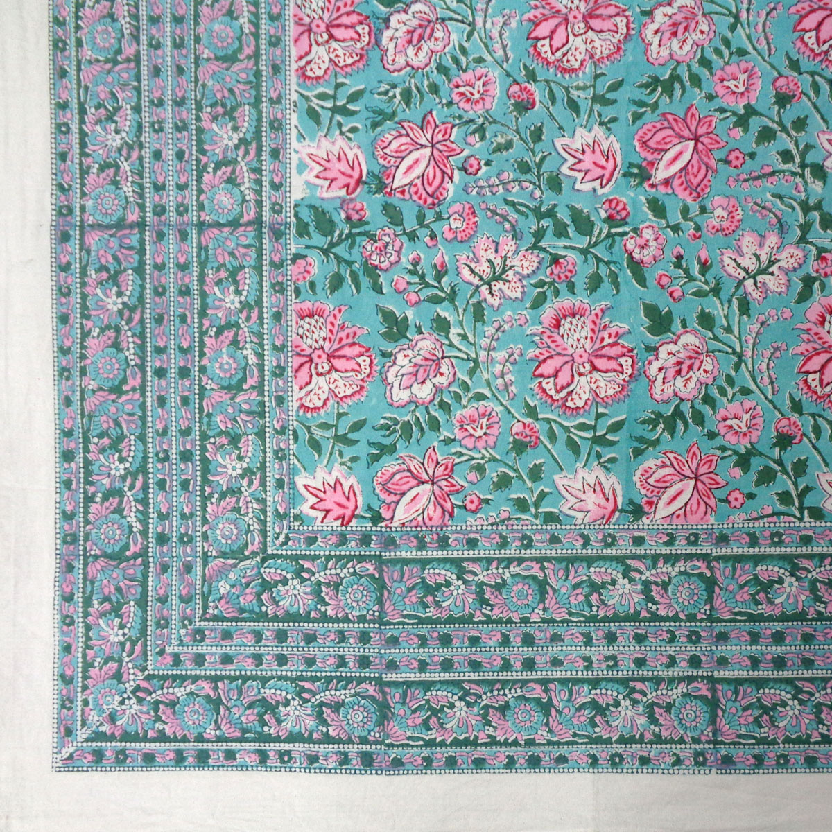 Hand Block Printed Cotton Tablecloth 220 x 220 cms Mohini Green Gud 620605
