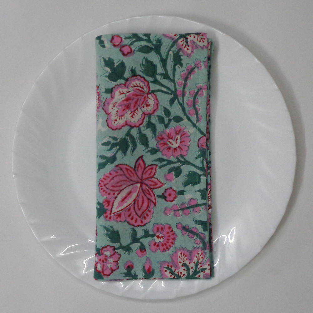 Hand Block Printed Cotton Napkin 45x45 cms Set of 4 Napkins Mohini Green Gud 620605