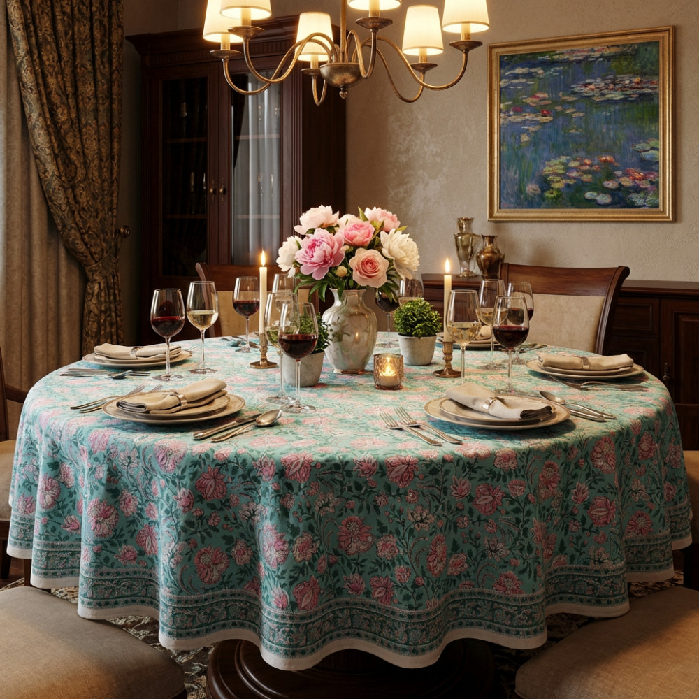 Image of Hand Block Printed Cotton Round Tablecloth 180 cms | Mohini Green Gud 620605