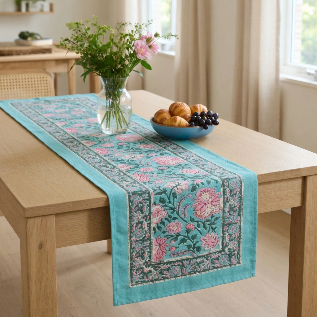 Hand Block Printed Cotton Canvas Table Runner 33x120 cms Mohini Green Gud 620605
