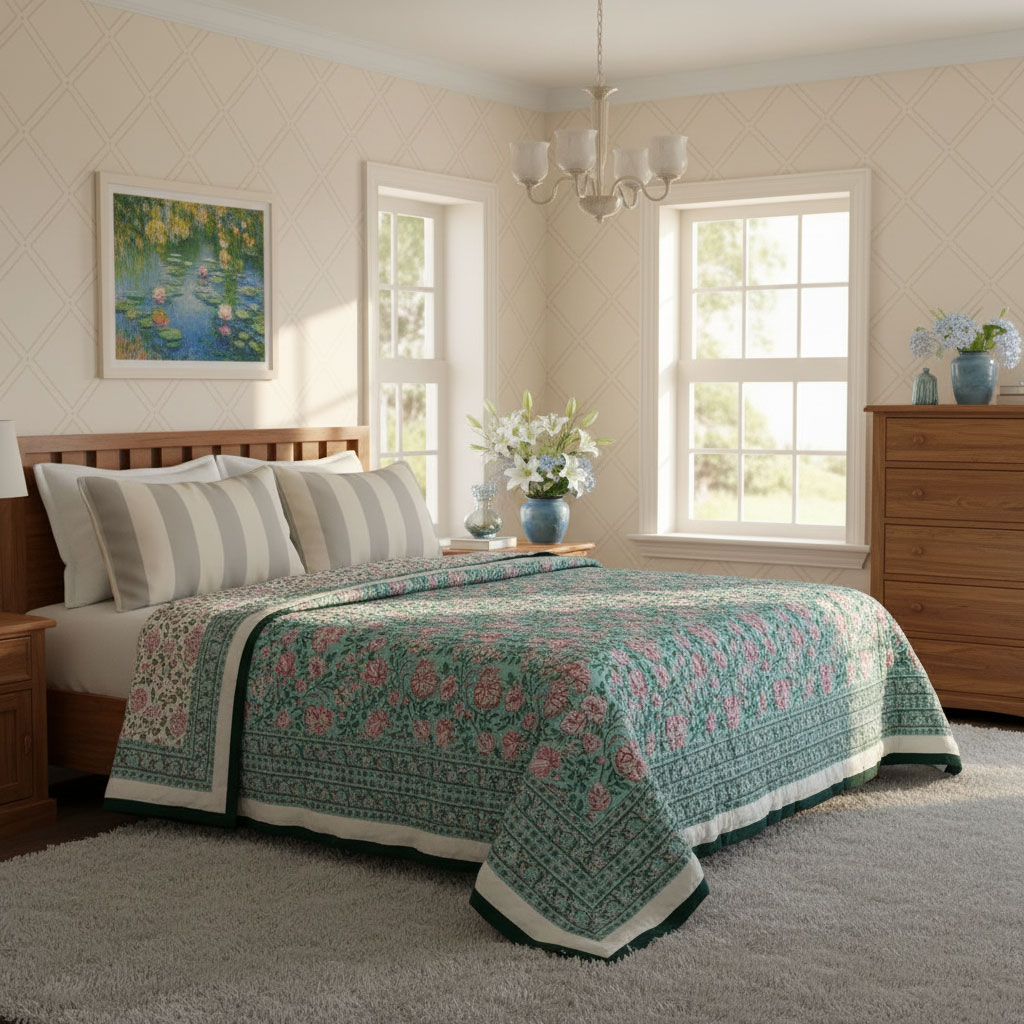 Hand Block Printed Cotton Queen Size Quilt Mohini Green Gud 620605