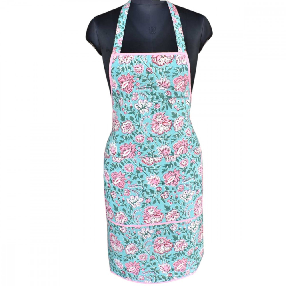 Image of Indian Block-Printed 100% Cotton Apron |  Mohini Green Gud 620605