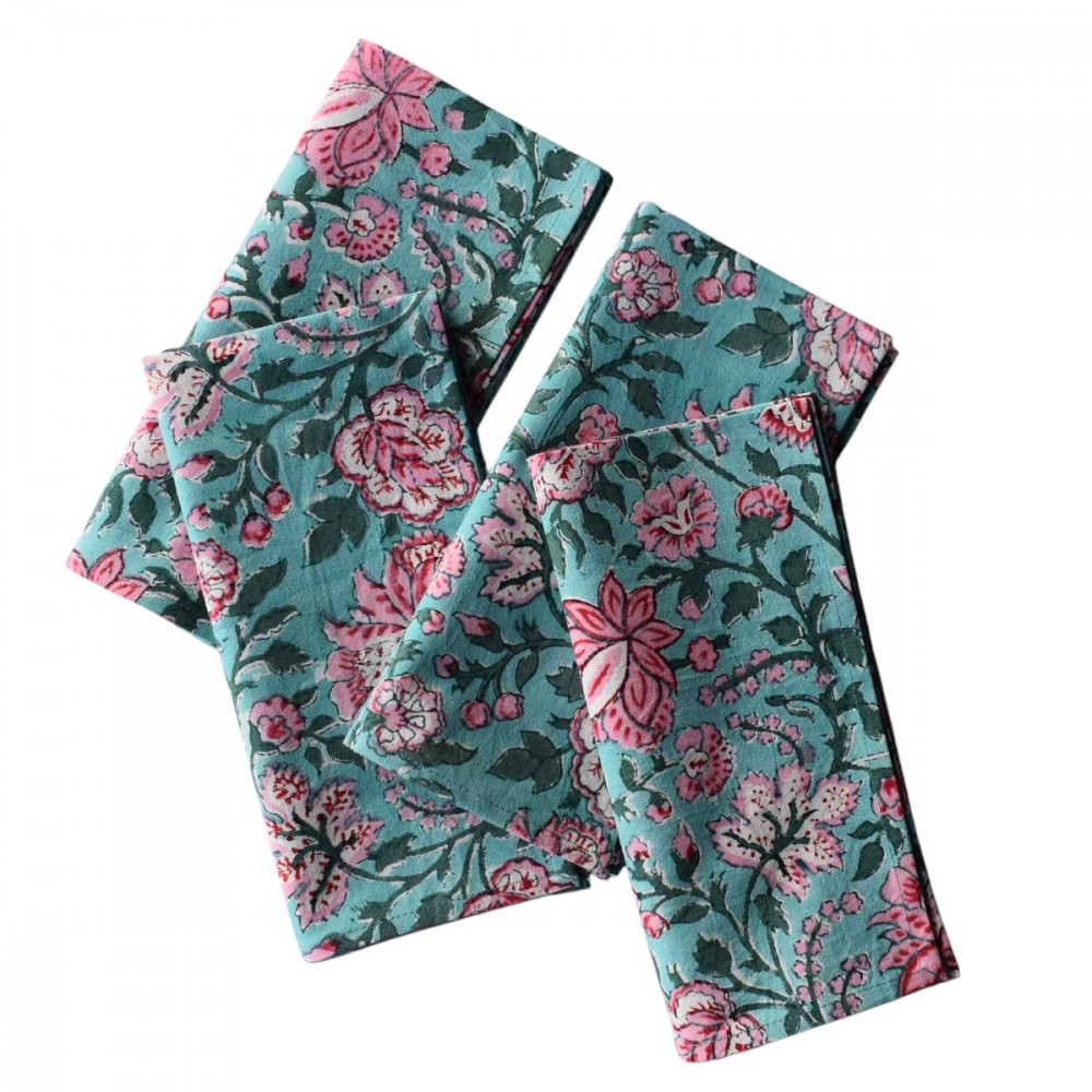Image of Hand Block Printed Cotton Napkin 45x45 cms (Set of 4 Napkins) | Mohini Green Gud 620605
