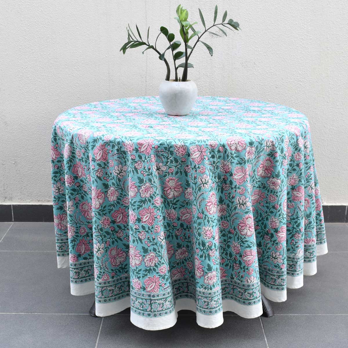 Hand Block Printed Cotton Round Tablecloth 275 cms Mohini Green Gud 620605