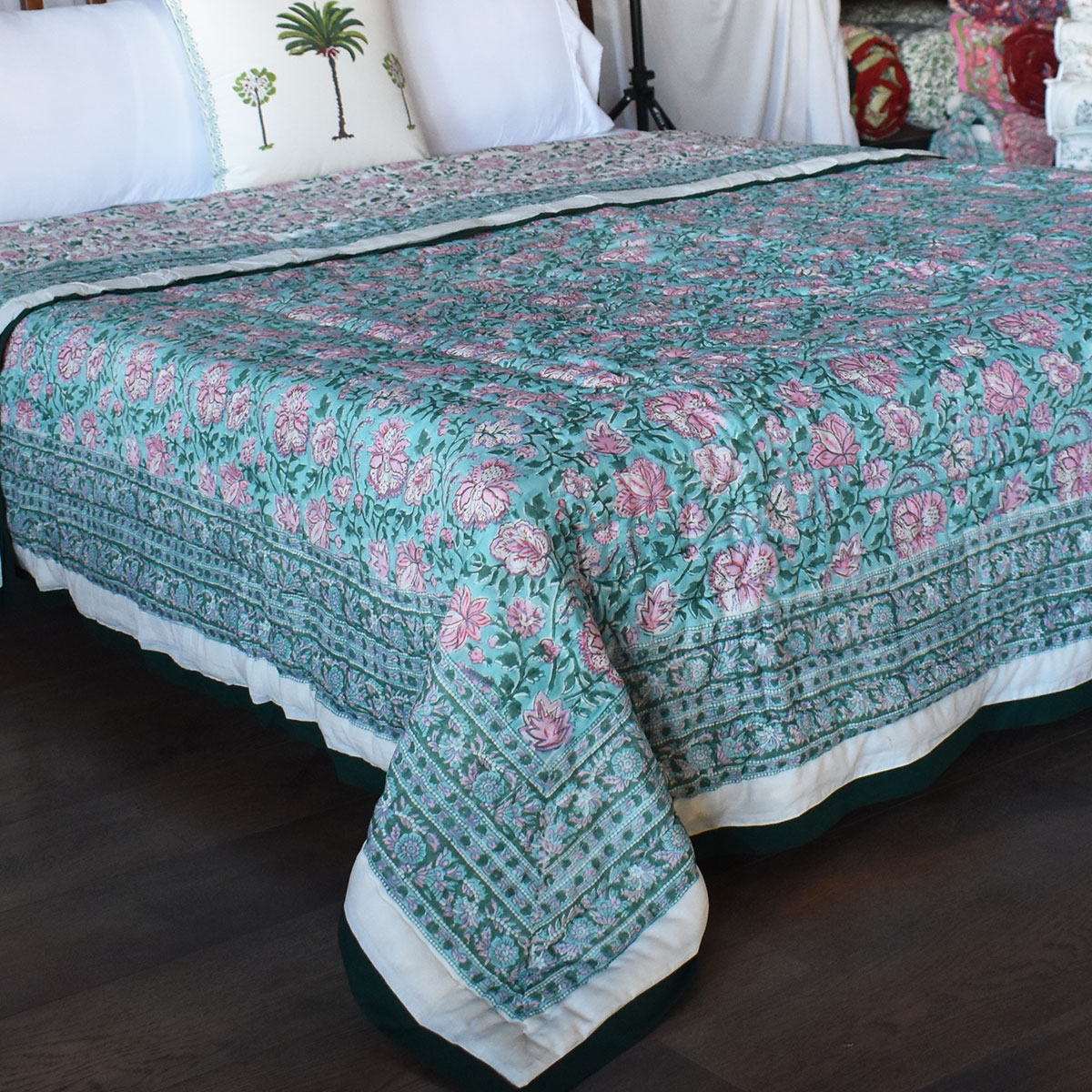 Hand Block Printed Cotton Queen Size Quilt Mohini Green Gud 620605