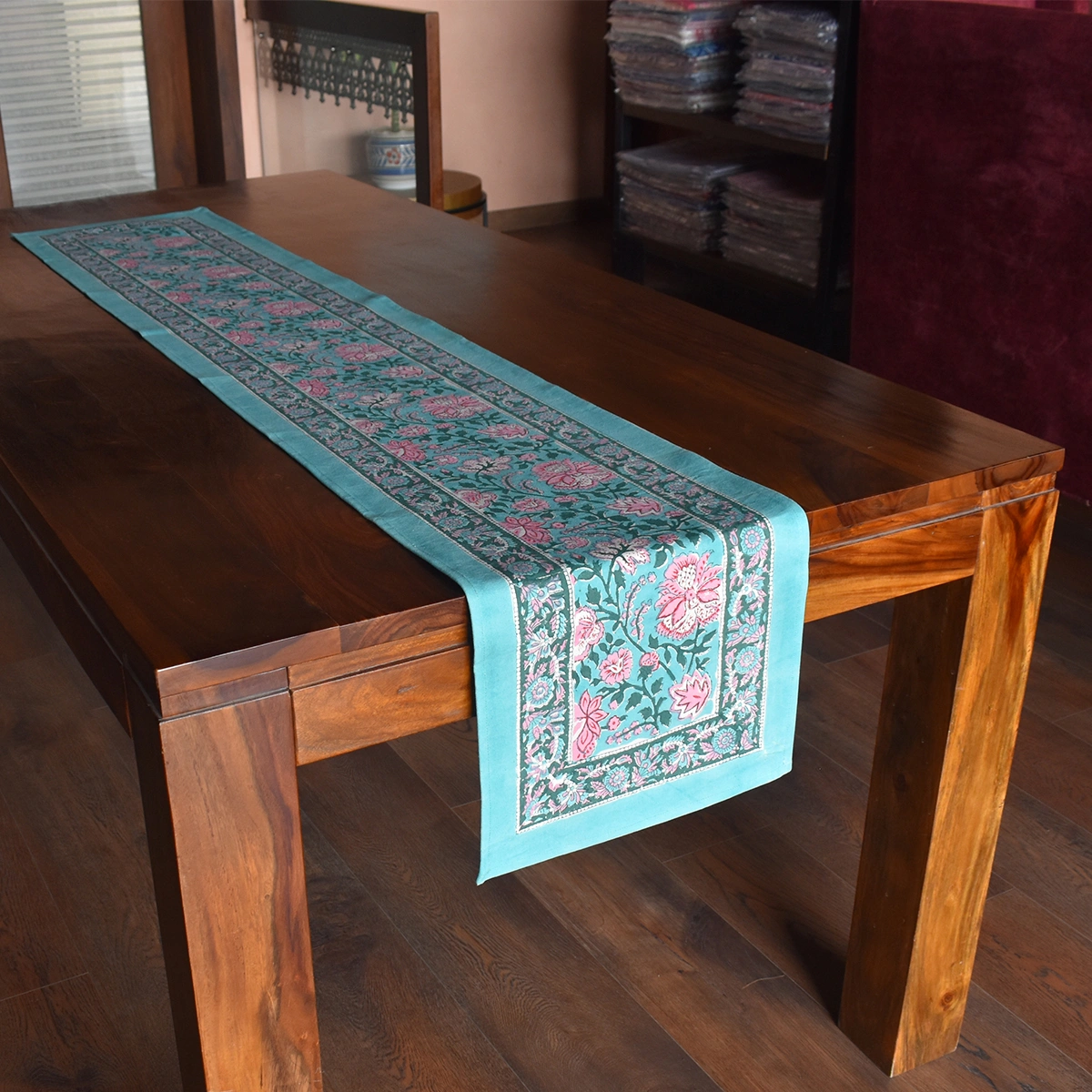 Hand Block Printed Cotton Canvas Table Runner 33x170 cms Mohini Green Gud 620605