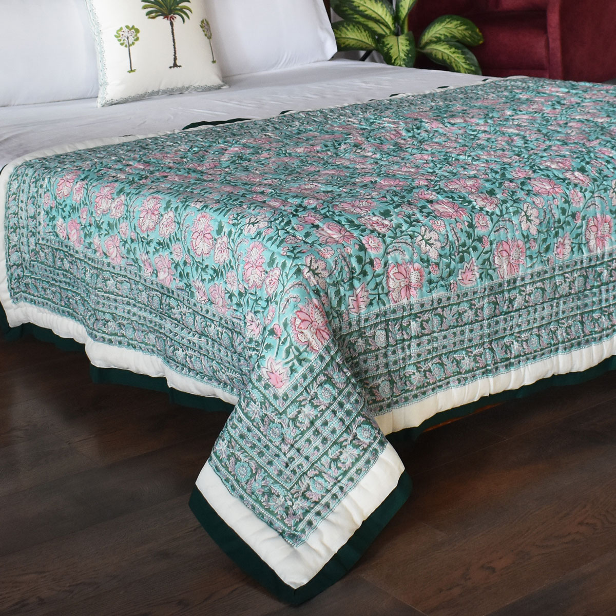 Hand Block Printed Cotton Twin Size Quilt Mohini Green Gud 620605