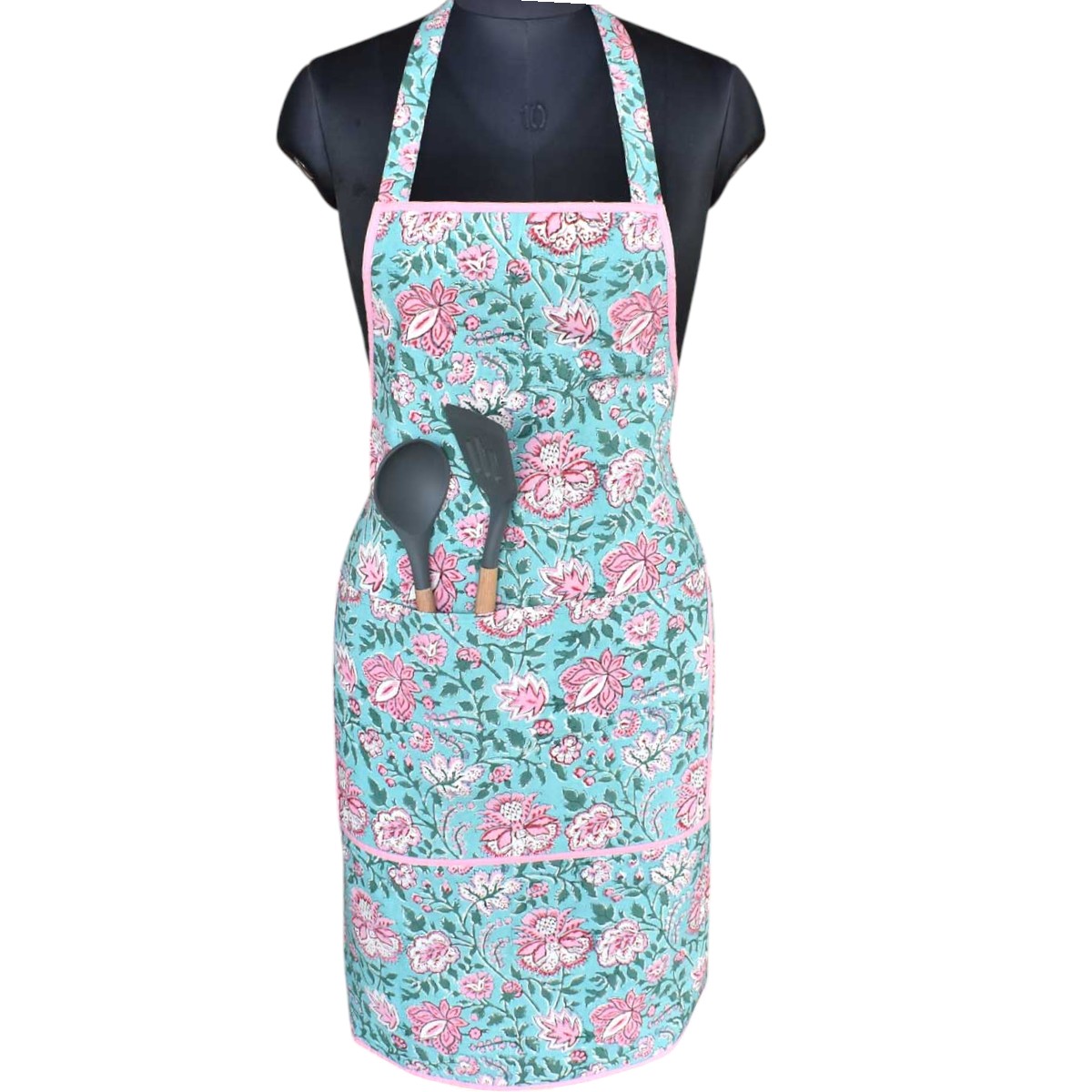 Indian Block-Printed 100 Cotton Apron Mohini Green Gud 620605