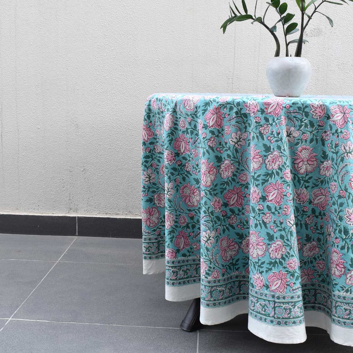 Hand Block Printed Cotton Round Tablecloth 275 cms Mohini Green Gud 620605