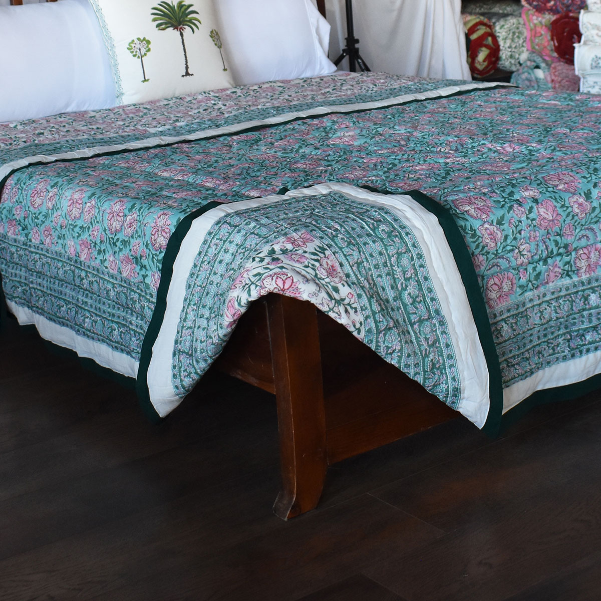 Hand Block Printed Cotton King Size Quilt Mohini Green Gud 620605