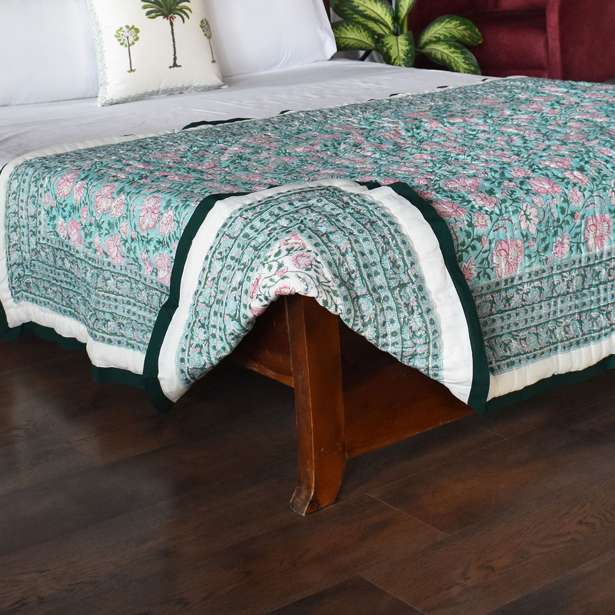Hand Block Printed Cotton Twin Size Quilt Mohini Green Gud 620605
