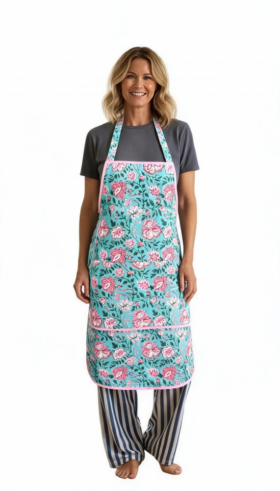 Image of Indian Block-Printed 100% Cotton Apron |  Mohini Green Gud 620605