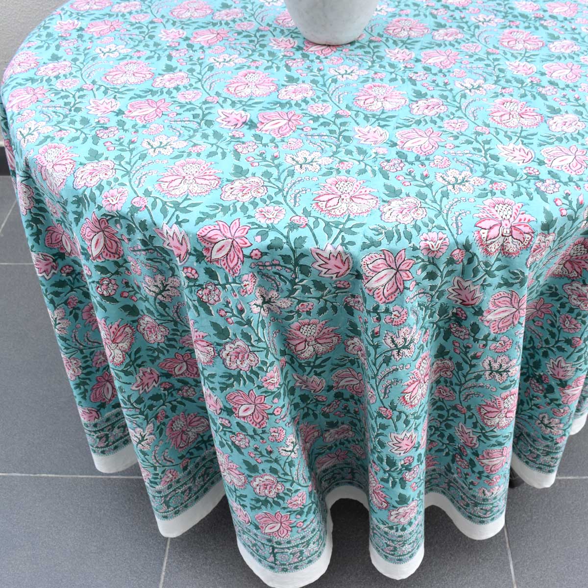 Hand Block Printed Cotton Round Tablecloth 275 cms Mohini Green Gud 620605