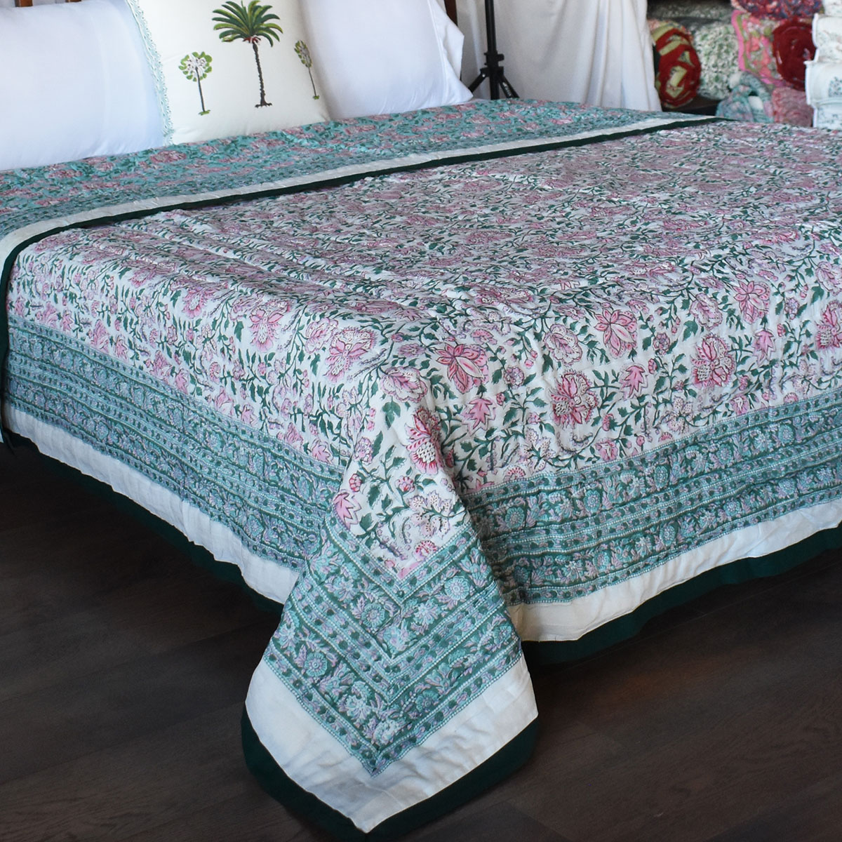 Hand Block Printed Cotton King Size Quilt Mohini Green Gud 620605